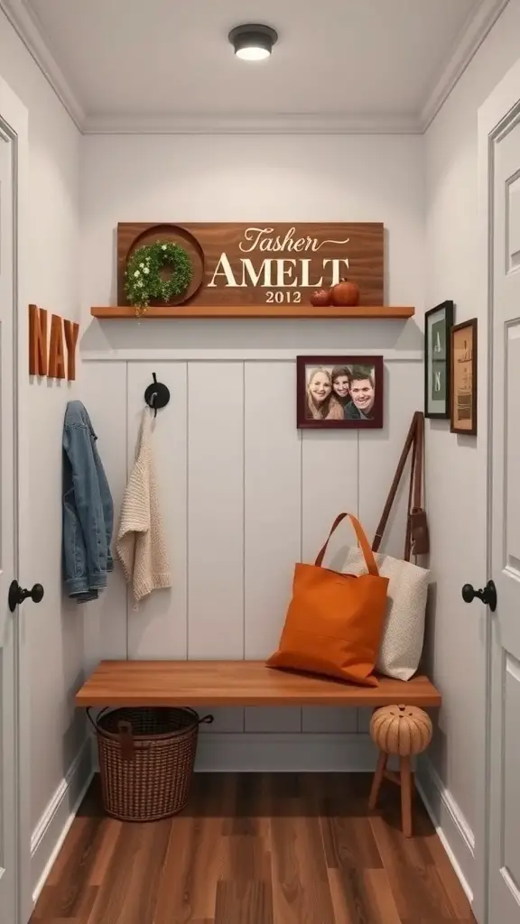 Cozy small mudroom with personalized touches including a family name sign, wreath, and storage solutions.