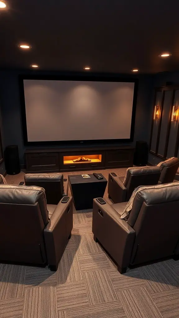 29+ Creative Basement Remodeling Ideas to Transform Your Space 6 Cozy home theater setup with recliners, a screen, and warm lighting.