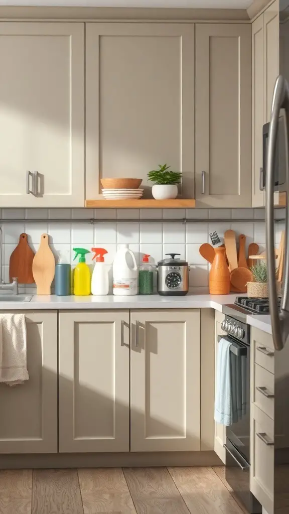 A taupe kitchen with cabinets, showcasing a clean and organized space.