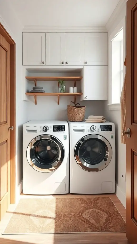 A bright mudroom with a washer and dryer, shelves, and a decorative rug.