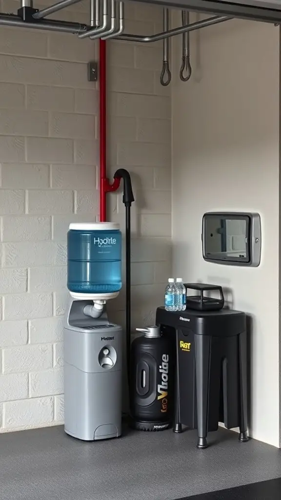 27+ Inspiring Half Garage Gym Ideas for Your Home Workout Space 14 A hydration station setup in a garage gym with a water cooler, water bottles, and a trash bin.