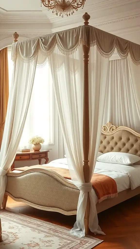 29+ Stunning Upholstered Beds for a Cozy Bedroom Makeover 16 Elegant upholstered canopy bed with soft drapes and a tufted headboard in a bright bedroom.