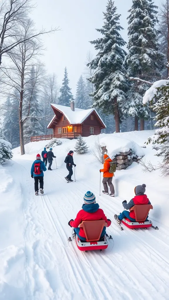 Group of people engaging in outdoor winter activities near a cozy cabin in a snowy landscape.