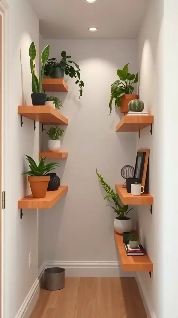 A small hallway with wall-mounted wooden shelves displaying various plants and decorative items.