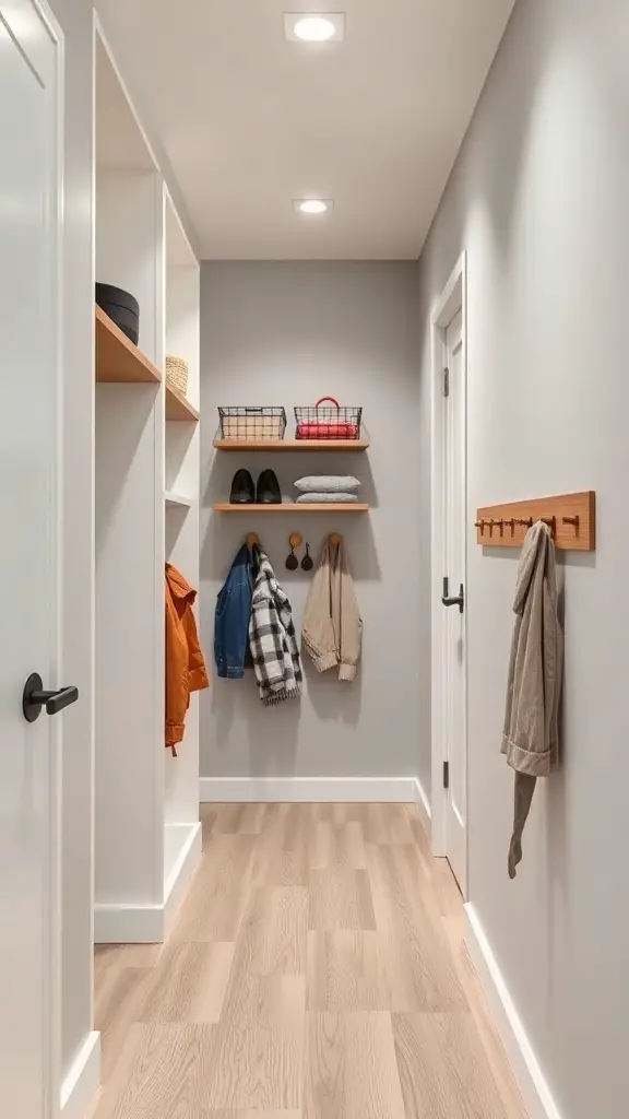 A well-organized hallway with open shelves, baskets, and hooks for storage.