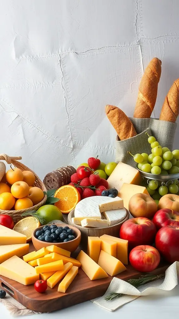 23+ Unique Boho Baby Shower Ideas You’ll Love 10 A colorful spread of fruits, cheeses, and breads arranged on a wooden board for a boho baby shower.