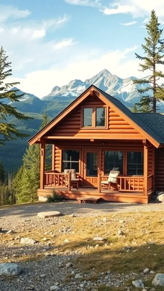 A cozy mountain retreat cabin with a wooden exterior and a stunning mountain view.