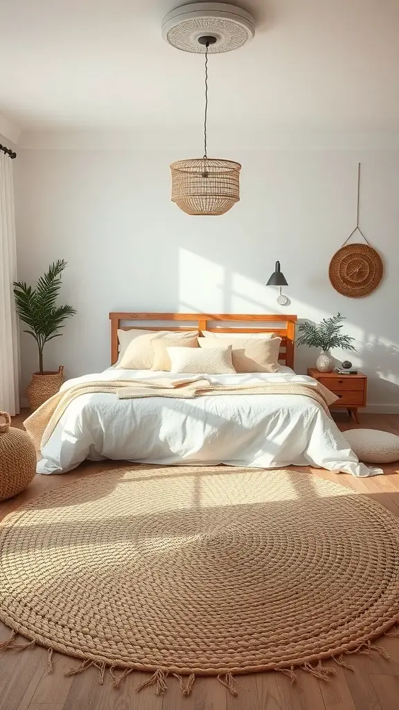 A cozy boho coastal bedroom featuring a woven round rug, wooden bed, and natural decor.