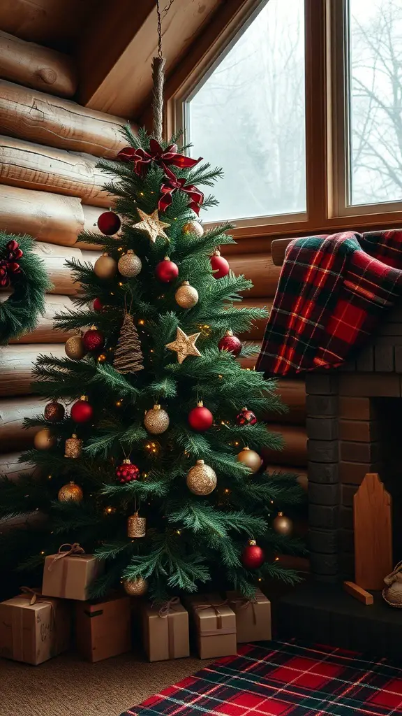 25+ Festive Tartan Plaid Christmas Tree Ornaments and Decorations 3 A decorated Christmas tree with red and gold ornaments, surrounded by gifts and a plaid blanket in a rustic setting.