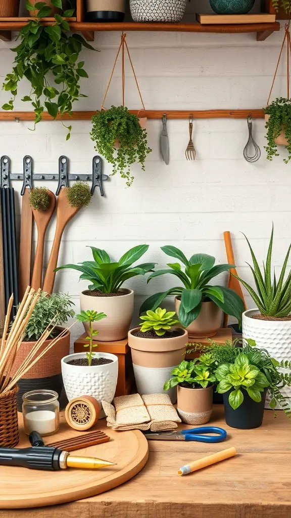 A variety of plants in decorative pots on a wooden table, with gardening tools and supplies.