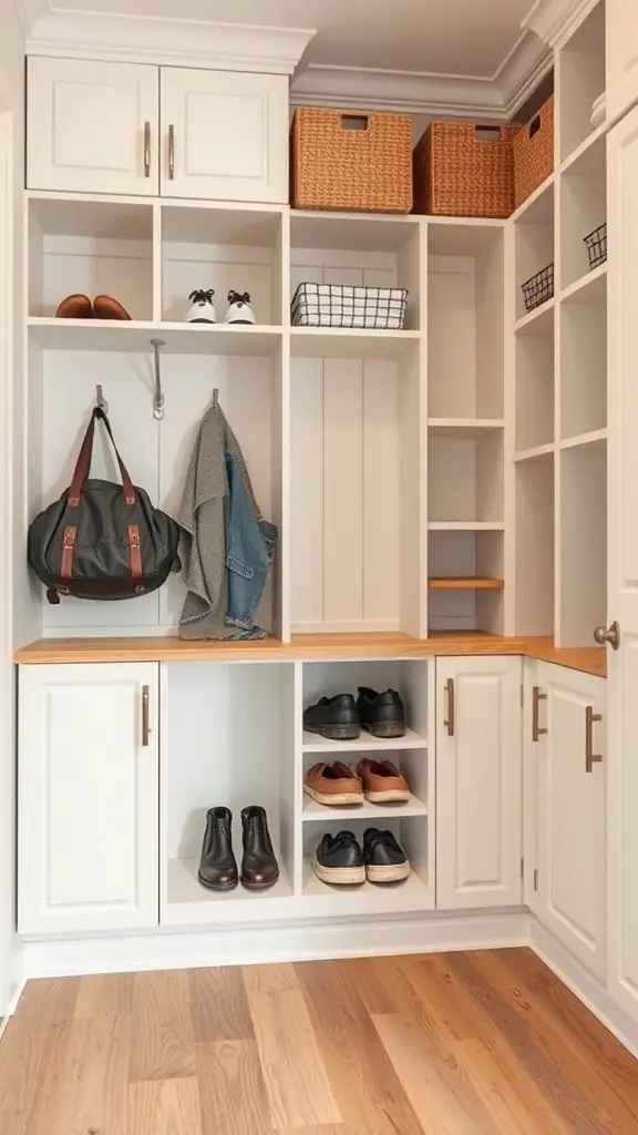 29+ Creative Mudroom Storage Ideas for a Clutter-Free Entrance 7 A well-organized mudroom with shoe storage solutions, featuring open cubbies for shoes and baskets for additional storage.