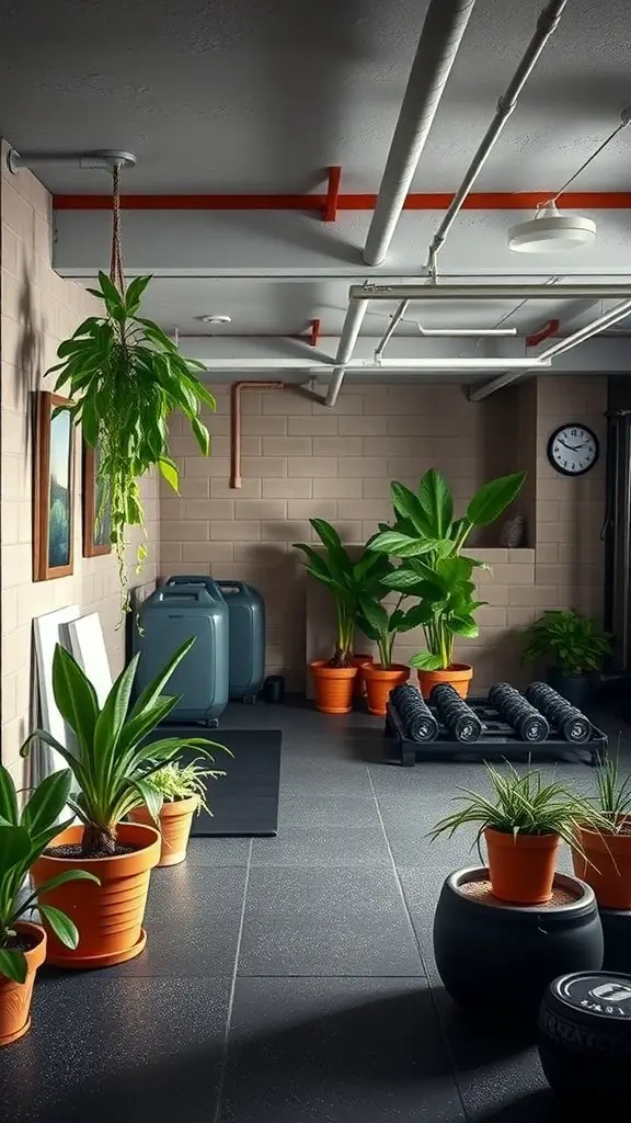 A basement gym with various potted plants, weights, and a clean, modern look.