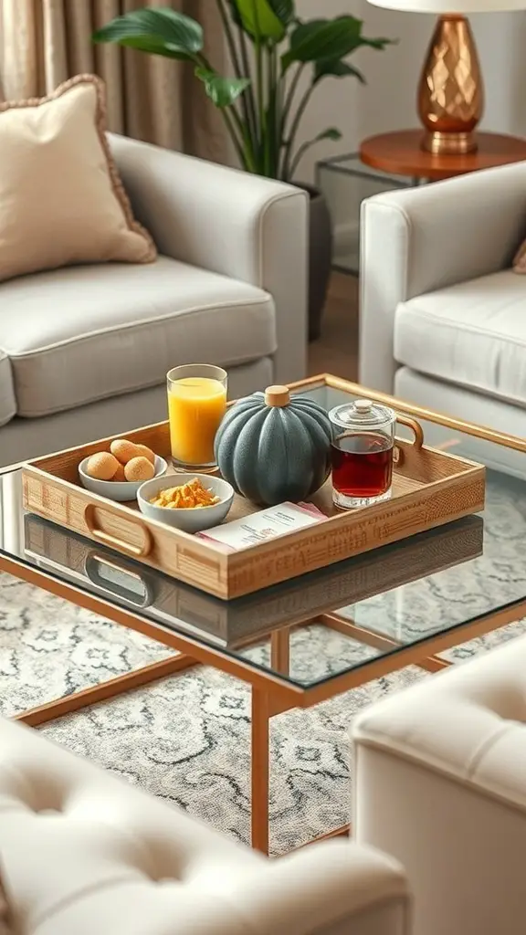 Chic tray arrangement with snacks on a coffee table, featuring orange juice, tea, cookies, and a decorative pumpkin.