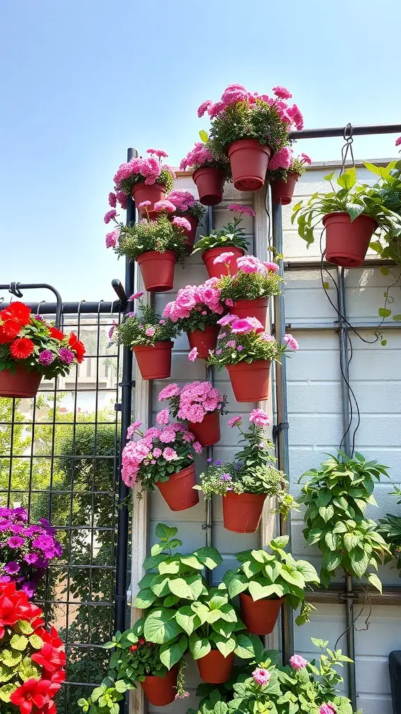 A vertical garden featuring colorful container flowers arranged on a wall.