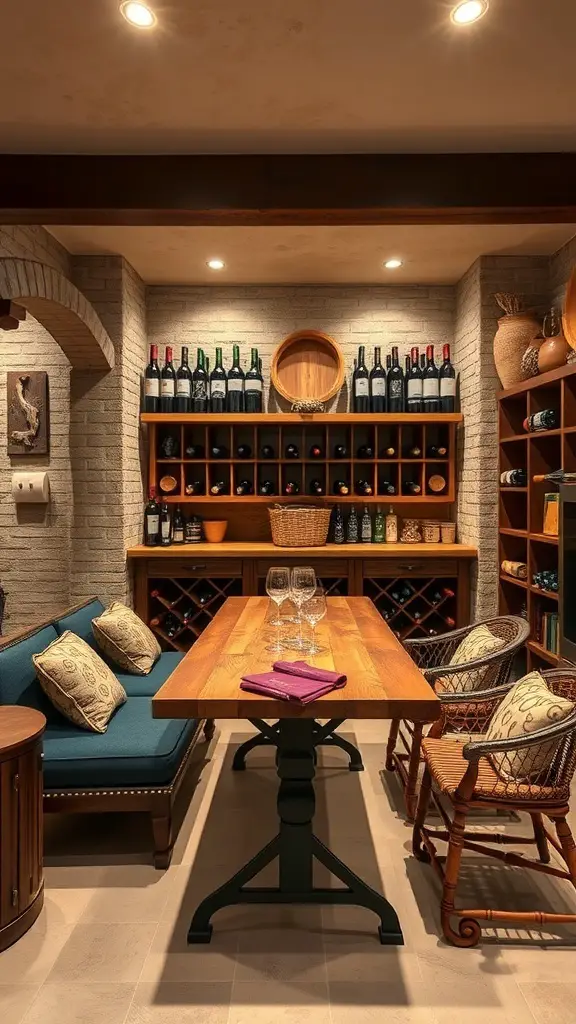 31+ Inspiring Ideas for Your Basement Family Room Makeover 14 A charming wine cellar featuring a tasting table, wine bottles on shelves, and cozy seating.