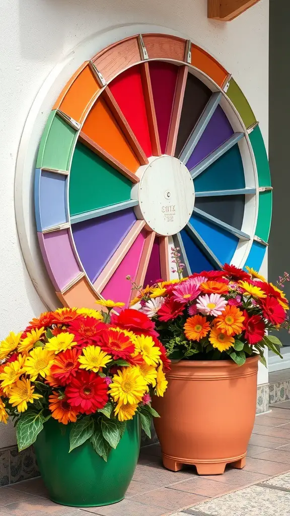 A color wheel and two flower pots filled with colorful flowers.