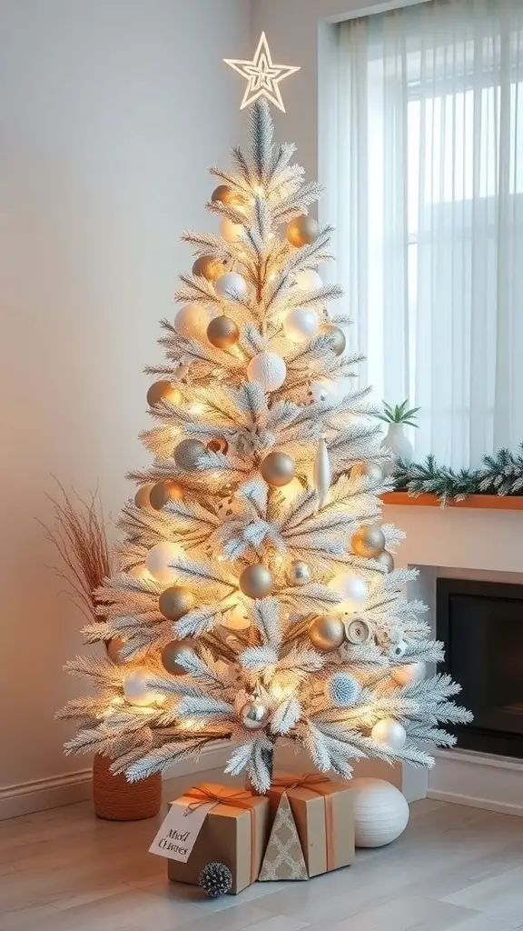 A minimalist frosted Christmas tree with warm lights and simple gold and white ornaments.