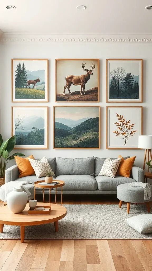 27+ Earthy Living Room Ideas with 15 Must-Have Items 4 A cozy living room with nature-inspired wall art featuring deer and landscapes.
