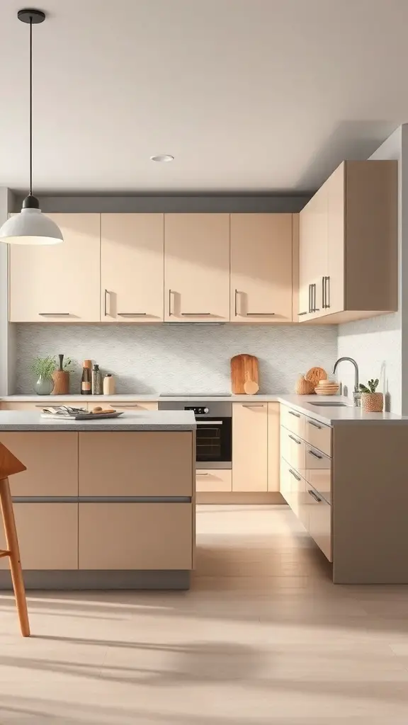 A contemporary kitchen featuring beige cabinets, a gray countertop, and natural accents.