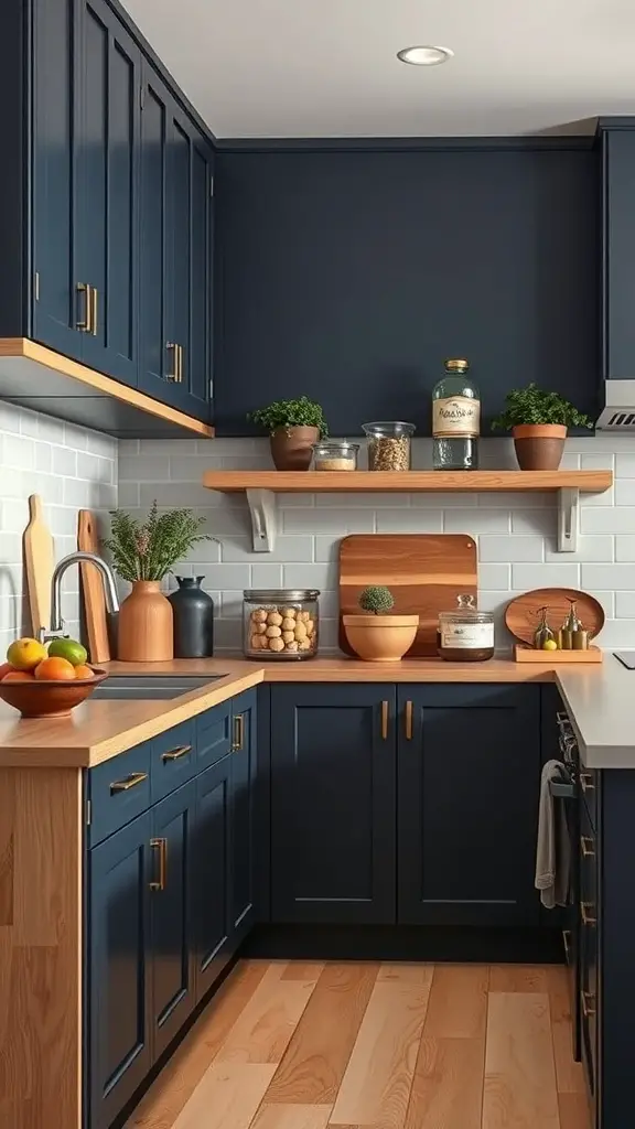 27+ Stunning Dark Blue Kitchen Cabinet Ideas for a Stylish Upgrade 6 A kitchen featuring dark blue cabinets and natural wood elements, showcasing a modern and inviting design.