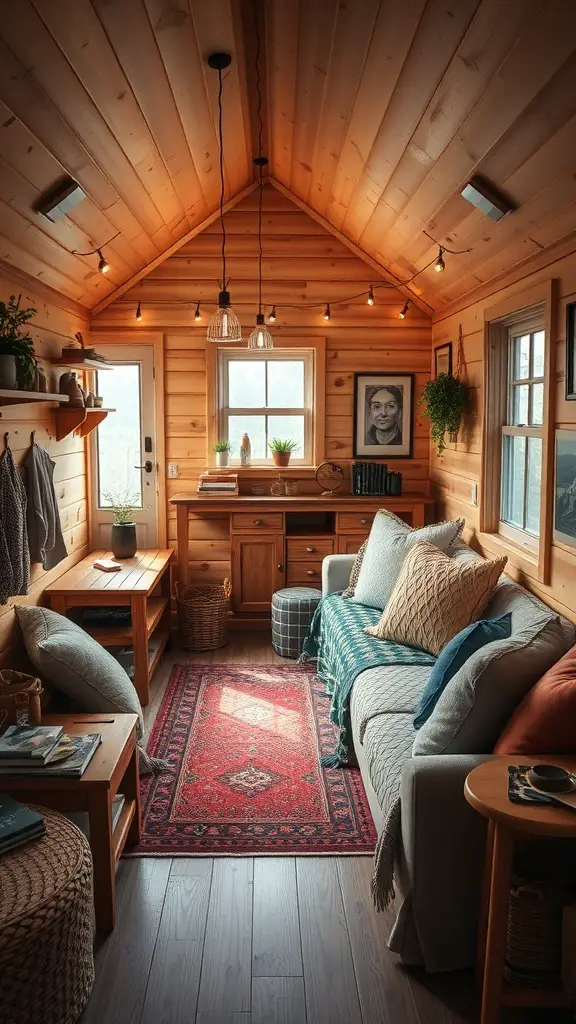 Cozy cabin interior with warm textiles and soft furnishings