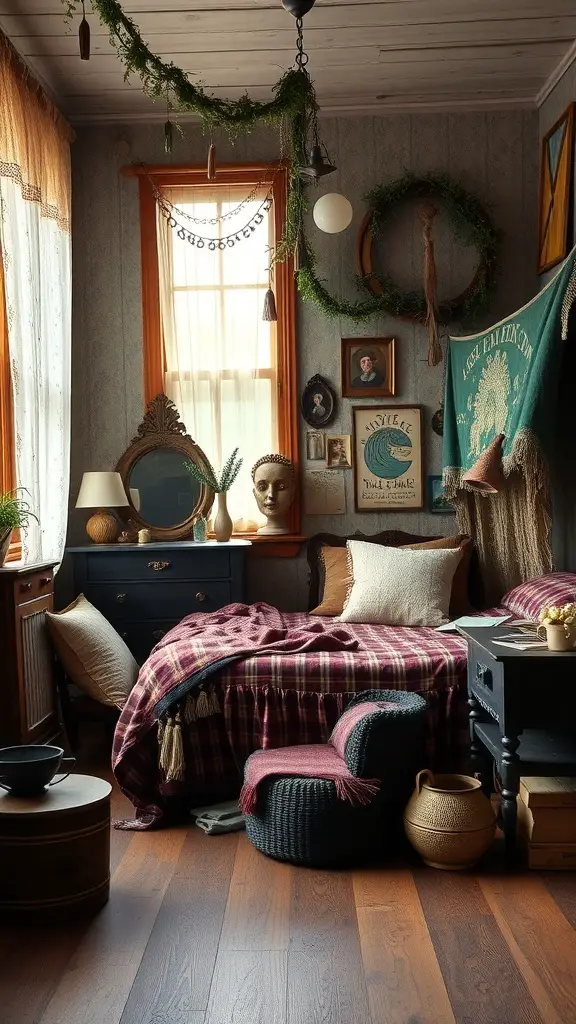 A cozy boho witchy bedroom featuring vintage decor, warm colors, and eclectic furnishings.