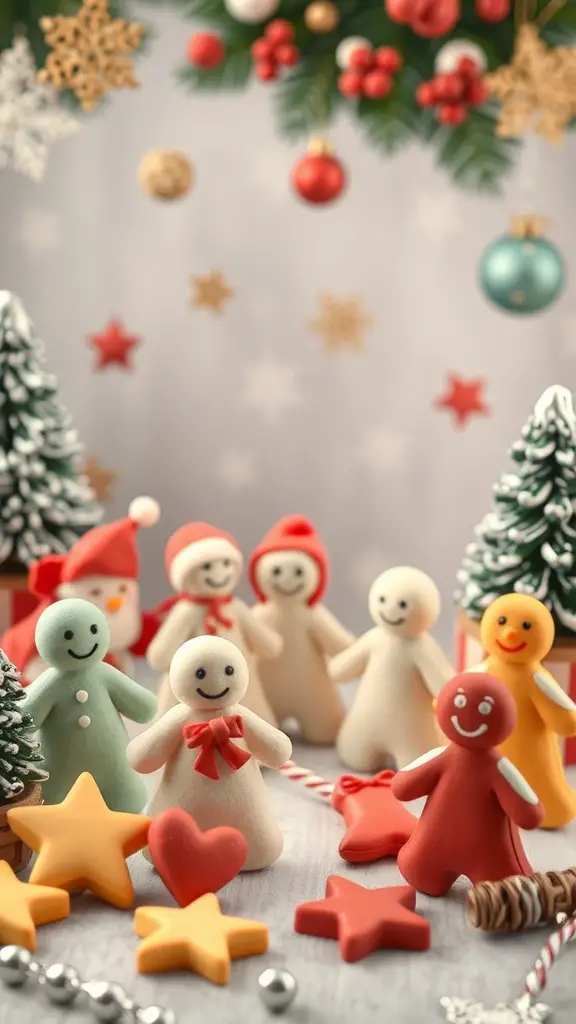 23+ Delightful Christmas Sweet Ideas You Must Try This Holiday Season 3 Colorful marzipan figures in holiday shapes, including Santa and snowmen, surrounded by festive decorations.