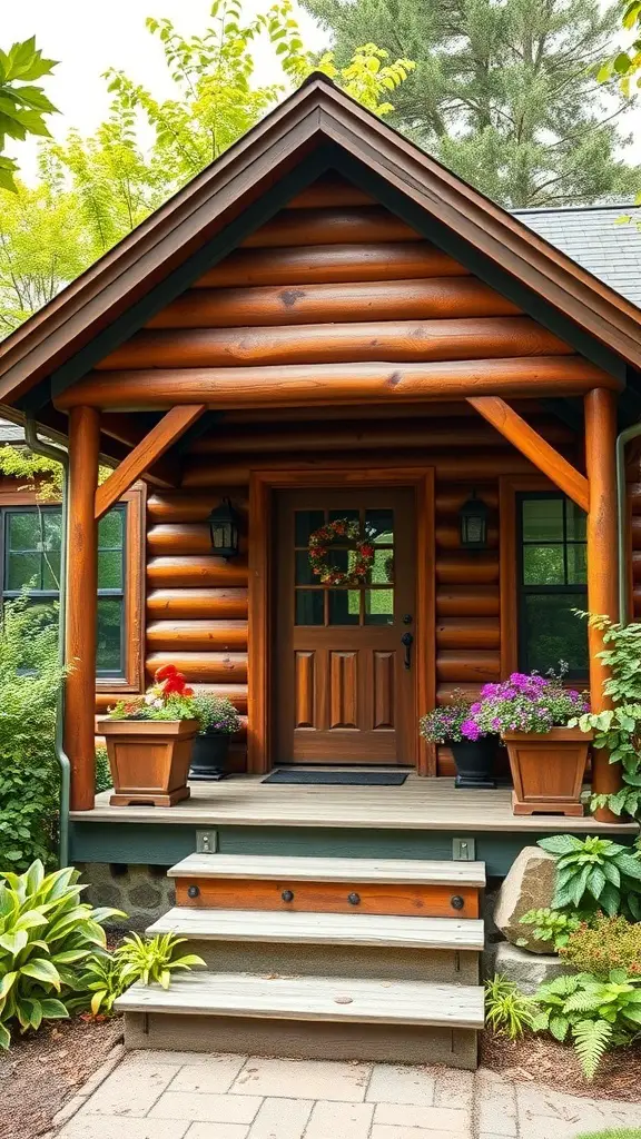 Traditional wooden cabin facade with a welcoming entrance and colorful potted plants.