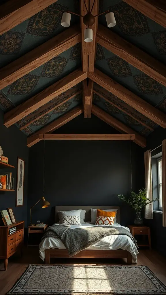 31+ Dark Boho Bedroom Ideas 13 A dark boho bedroom featuring artistic ceiling designs with wooden beams and patterned ceiling.