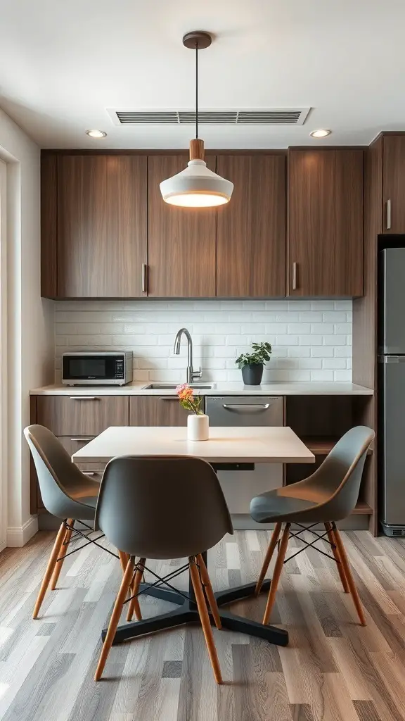 A modern kitchenette featuring a compact table and stylish chairs, showcasing multi-functional furniture.