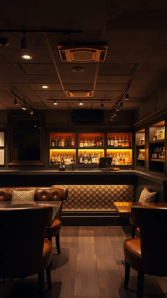 29+ Inspiring Basement House Ideas for Your Next Home Project 12 A stylish basement bar with warm lighting, a well-stocked bar, and comfortable seating.