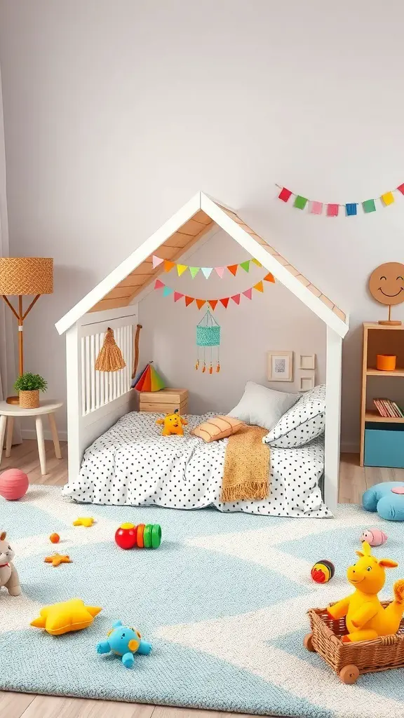 25+ Inspired Floor Bed Ideas for a Cozy Bedroom Makeover 3 A cozy children's room featuring a playful floor bed designed like a house, surrounded by colorful toys and decorations.