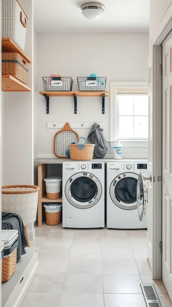 25+ Stylish Mudroom and Laundry Room Combo Ideas to Maximize Space 11 A clean and organized mudroom and laundry room combo featuring shelves, baskets, and a seating area.