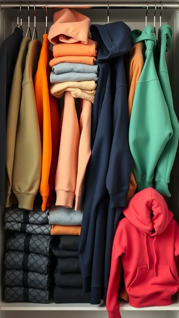 A well-organized closet featuring various hoodies in different colors, some hung and some stacked.