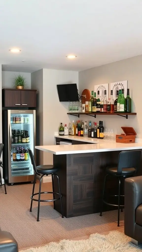 Cozy basement bar area with drinks and seating