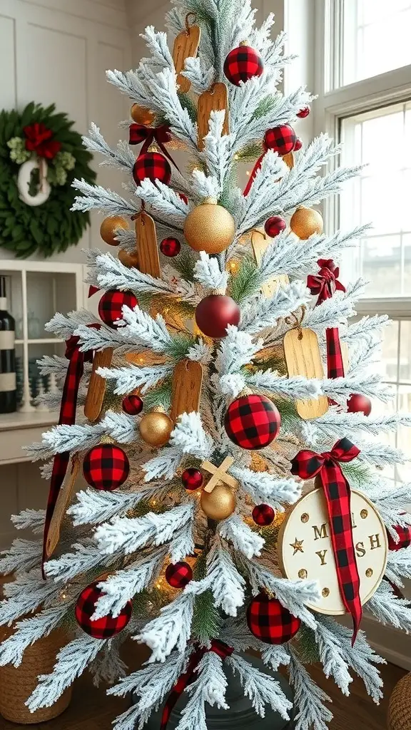 A beautifully decorated flocked Christmas tree with red and black plaid ornaments, gold accents, and wooden decorations.