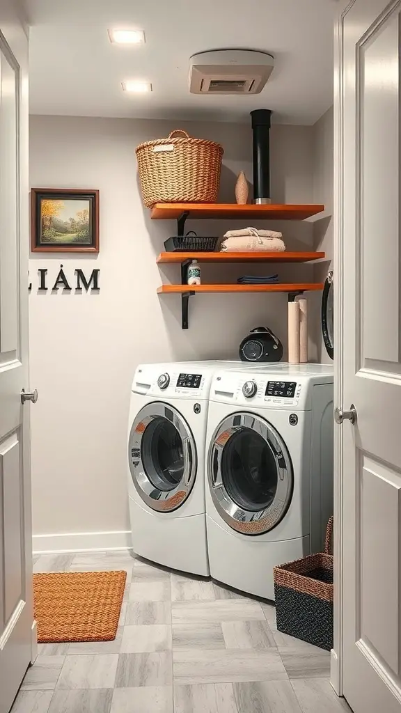 A modern laundry room with white appliances, wooden shelves, and decorative baskets.