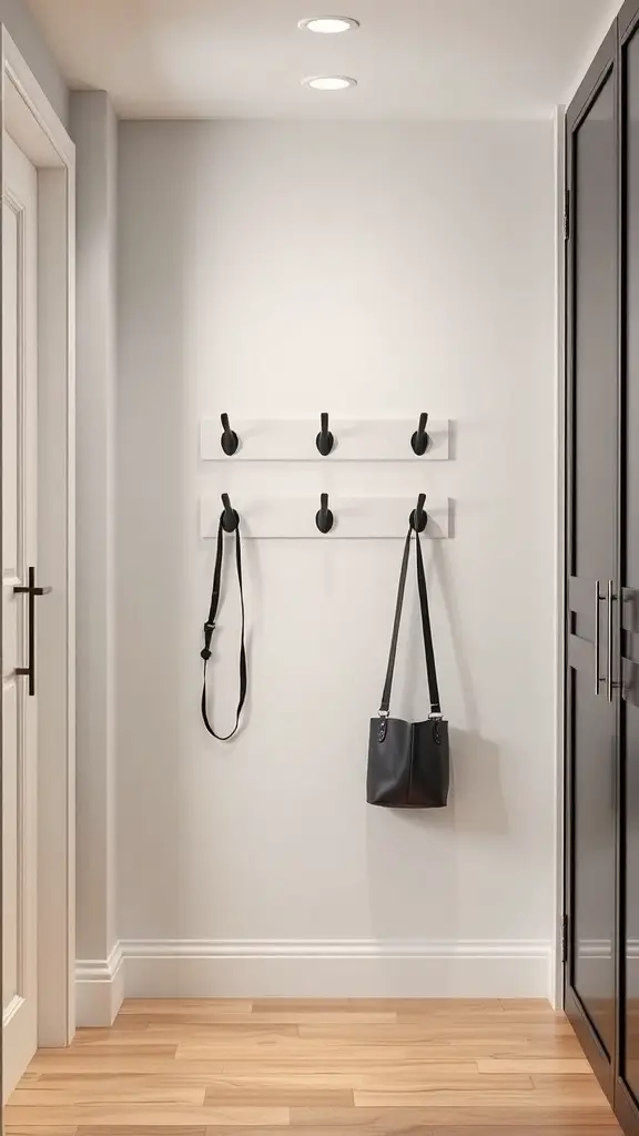 A modern wall-mounted coat rack with three black hooks on a white wall, showcasing a minimalist design.