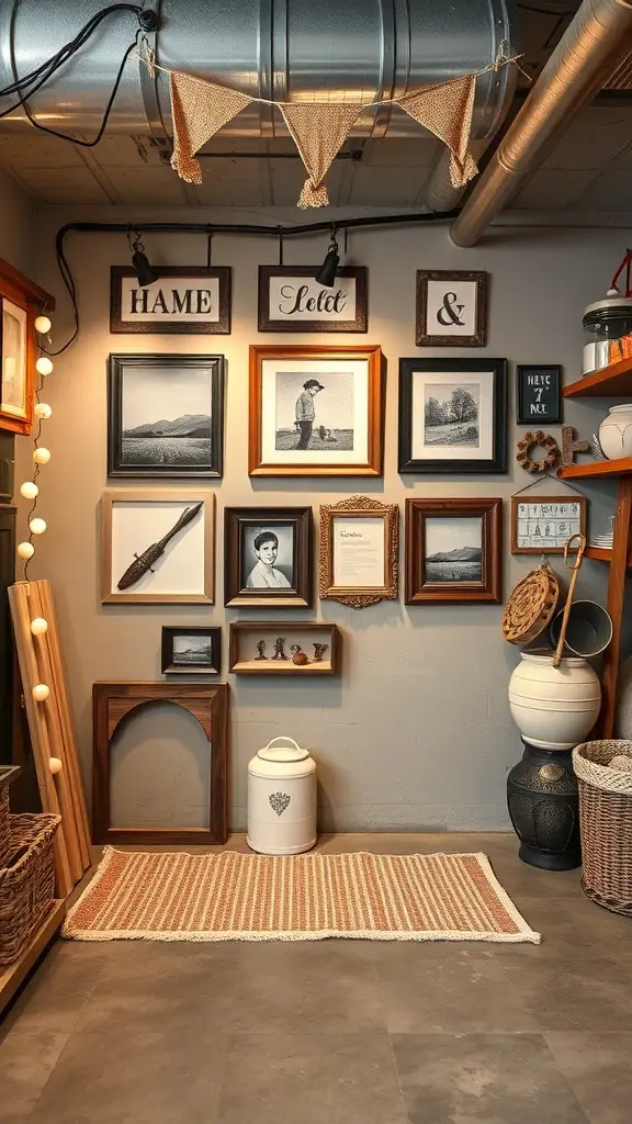 A cozy basement wall decorated with various framed artworks, including black and white photos and rustic decor elements.