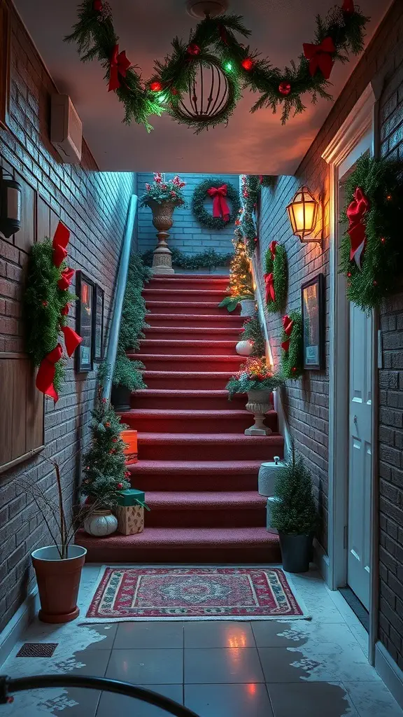 A beautifully decorated basement staircase with seasonal decorations including wreaths, lights, and plants.