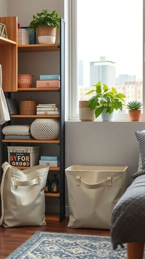 A cozy room with two light-colored tote bags next to a wooden shelf filled with books and plants.