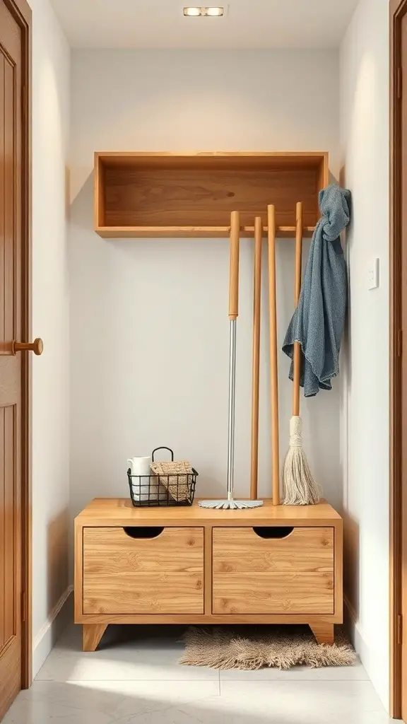 A stylish wooden bench with storage drawers and hanging space for mops and brooms in a hallway.