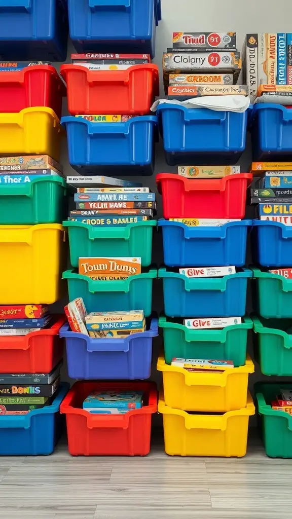 Colorful stackable storage bins filled with board games, showcasing an organized and accessible storage solution.
