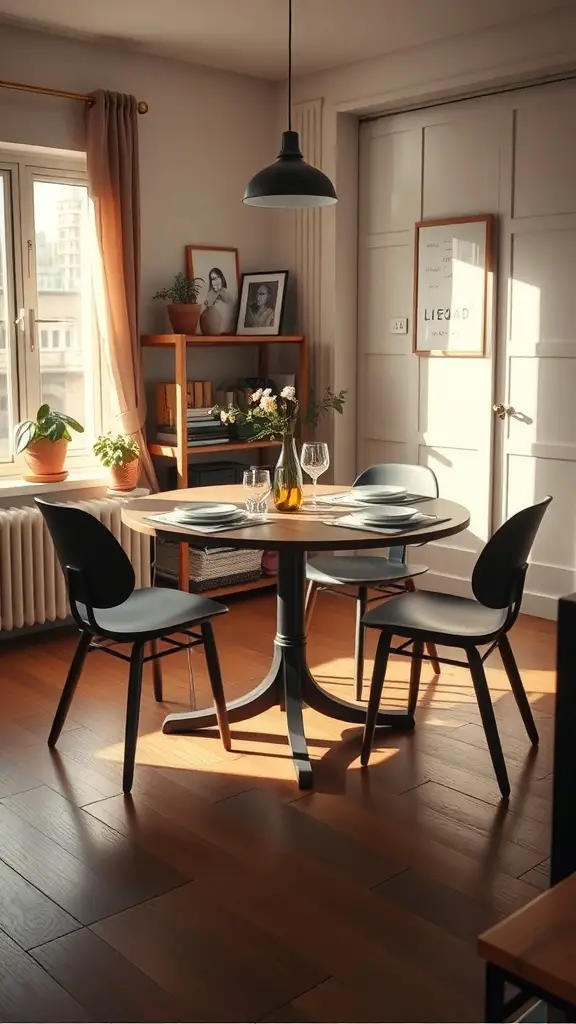 A cozy dining area featuring an oval dining table with chairs, surrounded by natural light and plants.