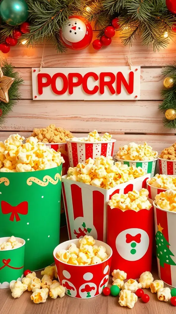 25+ Stunning Christmas Food Table Displays for Your Holiday Feast 11 A colorful popcorn bar with festive containers filled with popcorn and holiday decorations.