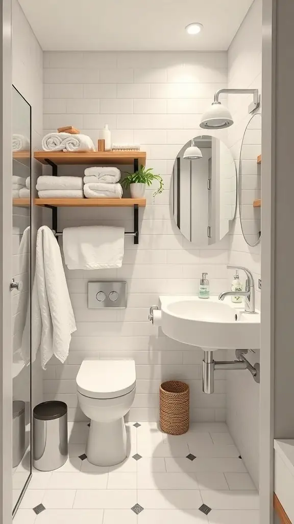 A small bathroom with wooden shelves holding towels, a round mirror, and a sink.