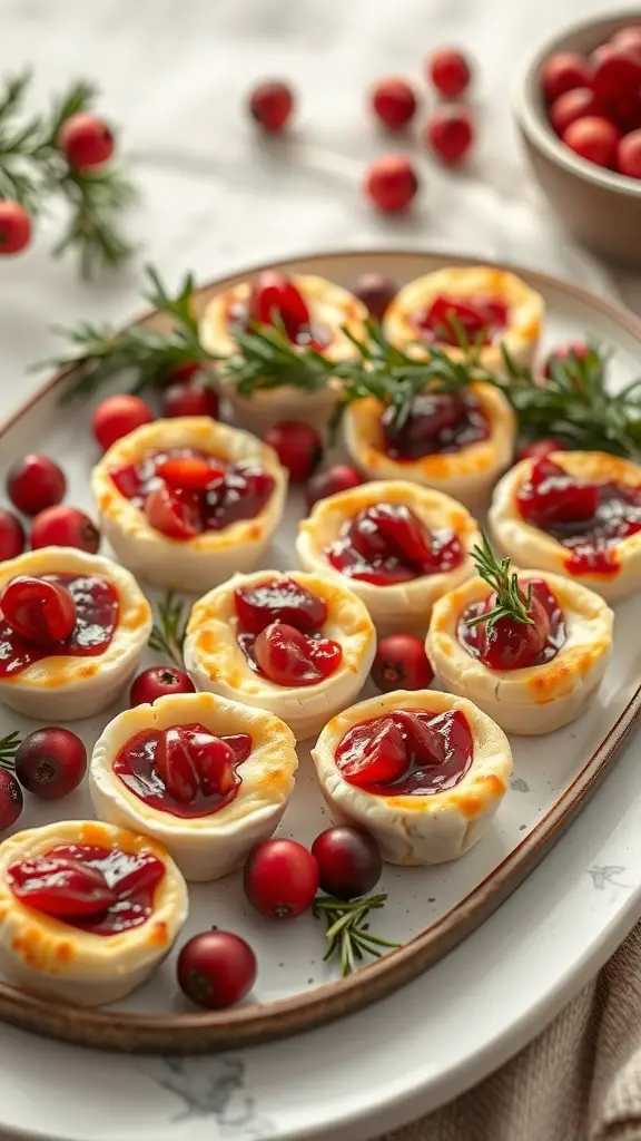 A plate of cranberry brie bites garnished with fresh cranberries and rosemary