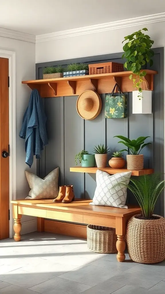 25+ Inspiring DIY Mudroom Bench Ideas to Revamp Your Space 13 A stylish mudroom bench with a table, featuring hooks, plants, and decorative items.