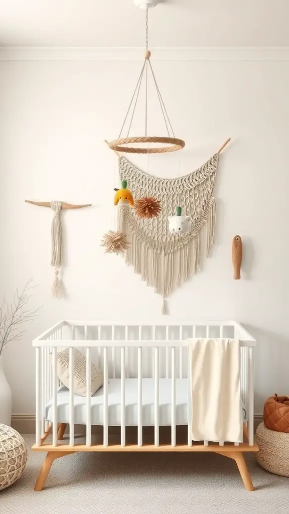 29+ Boho Nursery Decor Ideas for a Cozy and Stylish Space 10 A boho-style nursery featuring a macrame mobile above a crib with colorful shapes.