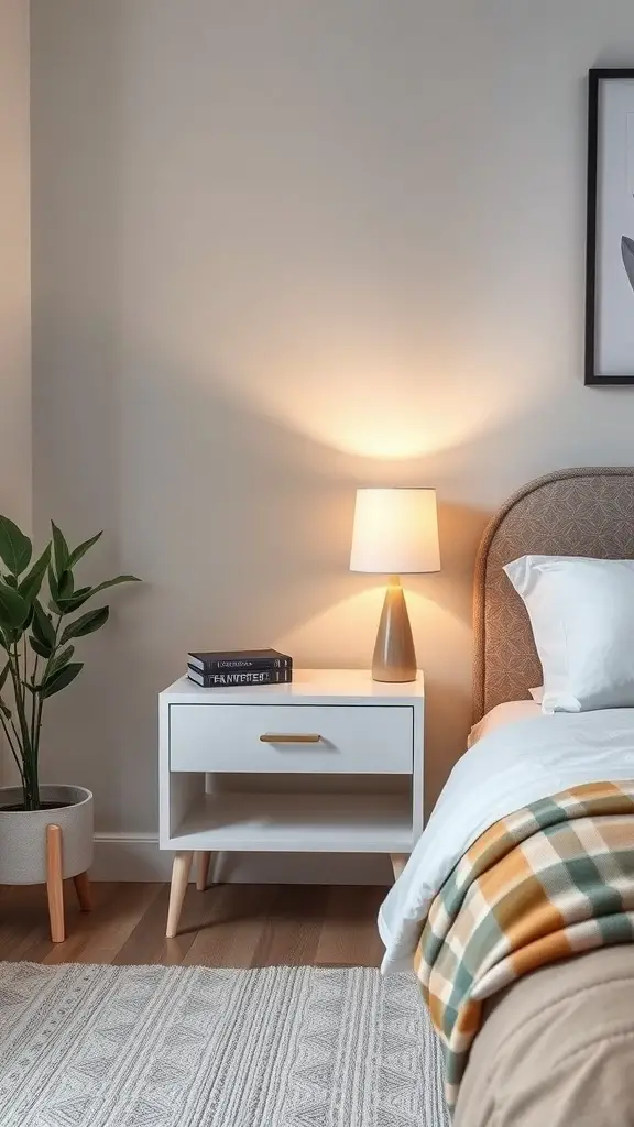 27+ Creative Bedside Table Ideas to Transform Your Bedroom 12 A compact bedside table with a lamp and books, showcasing a modern and minimalistic design.